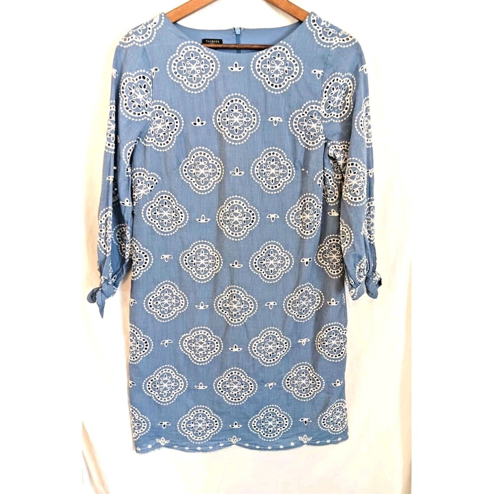 Talbots Blue Embroidered Eyelet Cotton Shift Dress 3/4 Tie Sleeve Size 8P